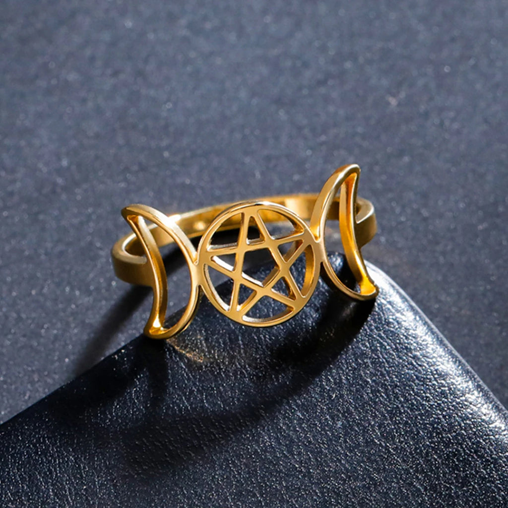 Triple Moon Pentagram Signet Ring — Stainless Steel