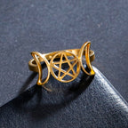 Triple Moon Pentagram Signet Ring — Stainless Steel
