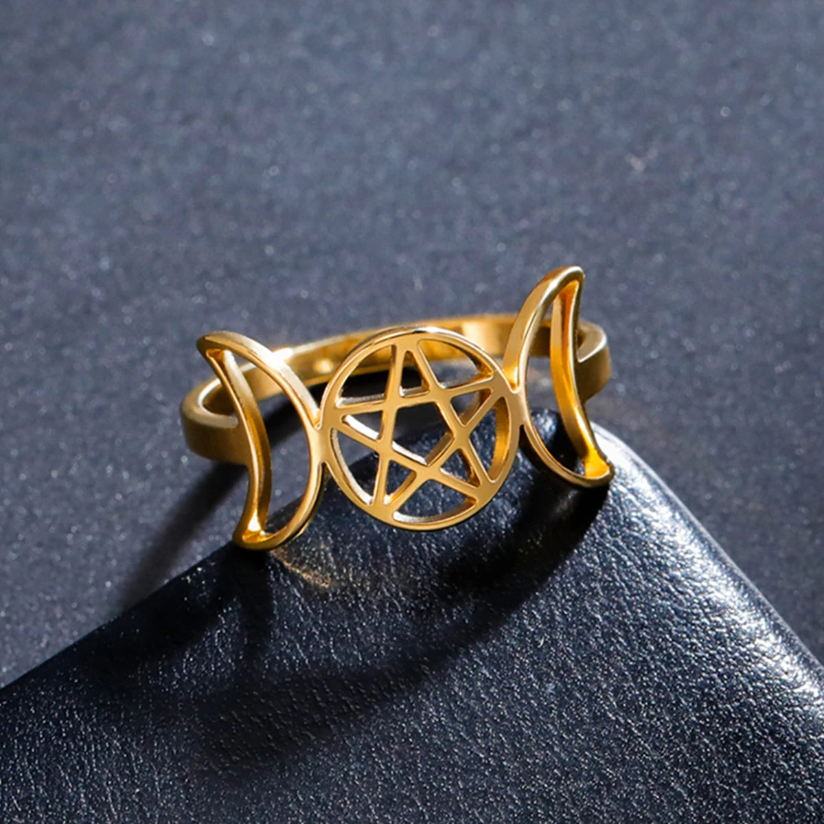 Triple Moon Pentagram Signet Ring — Stainless Steel