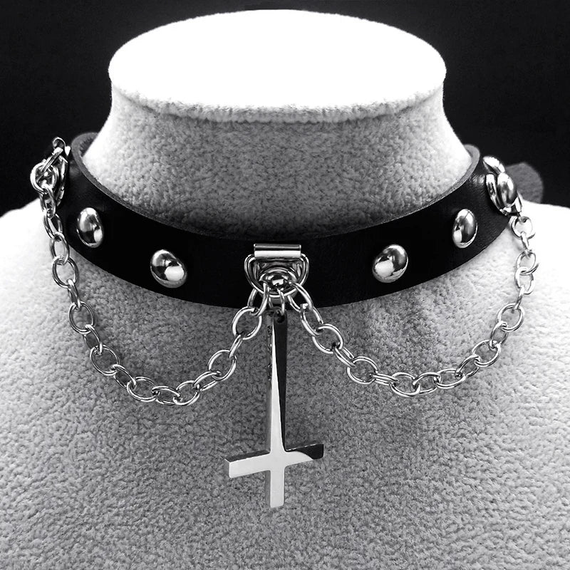 Gothic Cross Leather Choker Necklace — Stainless Steel