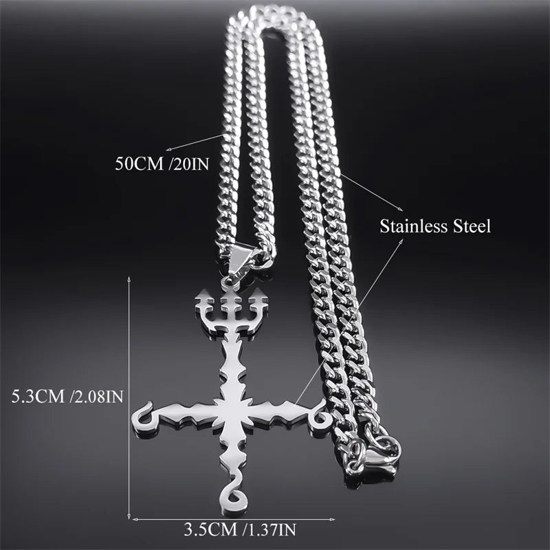 666 Inverted Cross Trident Necklace — Silver