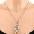 Ichthys Jesus Fish Cross Pendant Necklace — Stainless Steel