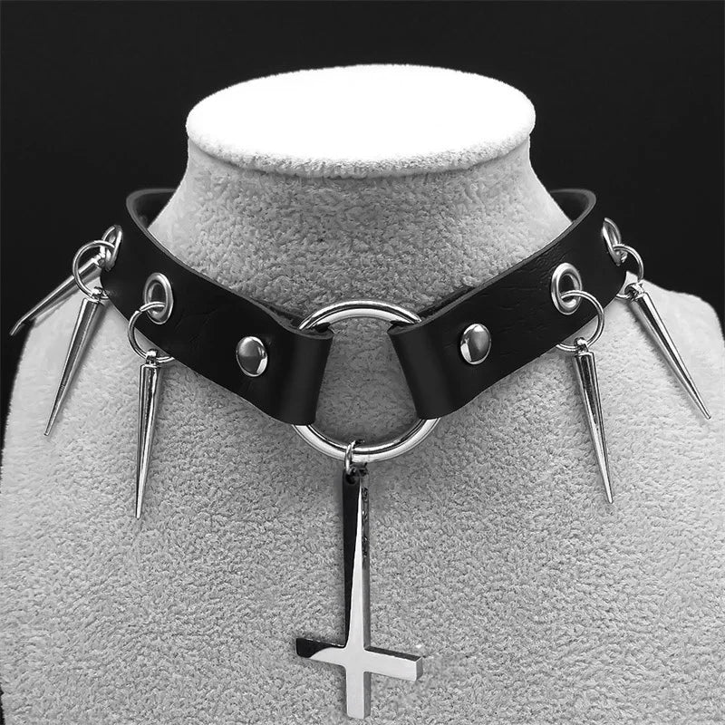 Gothic Cross Leather Choker Necklace — Stainless Steel