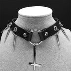 Gothic Cross Leather Choker Necklace — Stainless Steel