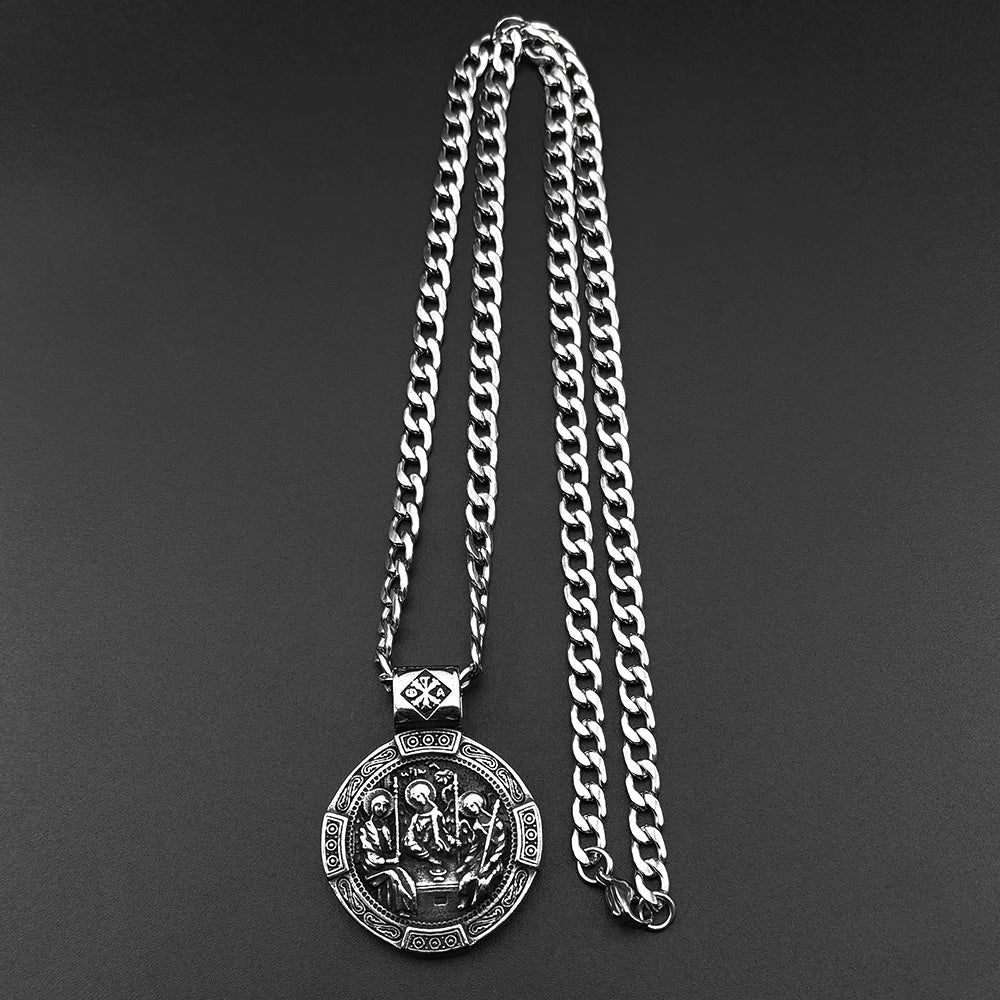 Vintage Orthodox Icons Holy Trinity Round Pendant Necklace for Men Stainless Steel Silver Color Chritian Amulet Chain