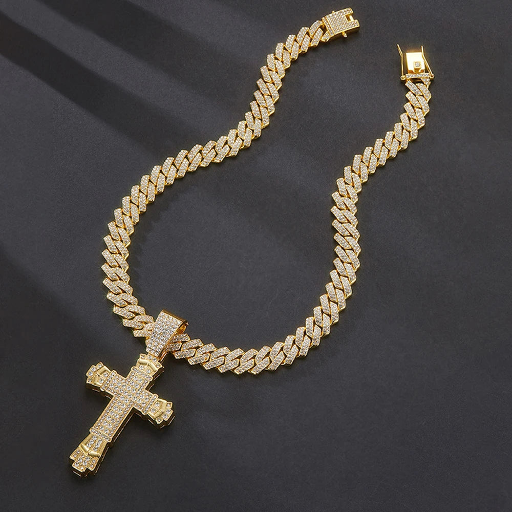Iced Out Cross Pendant Necklace with Miami Cuban Chain Link