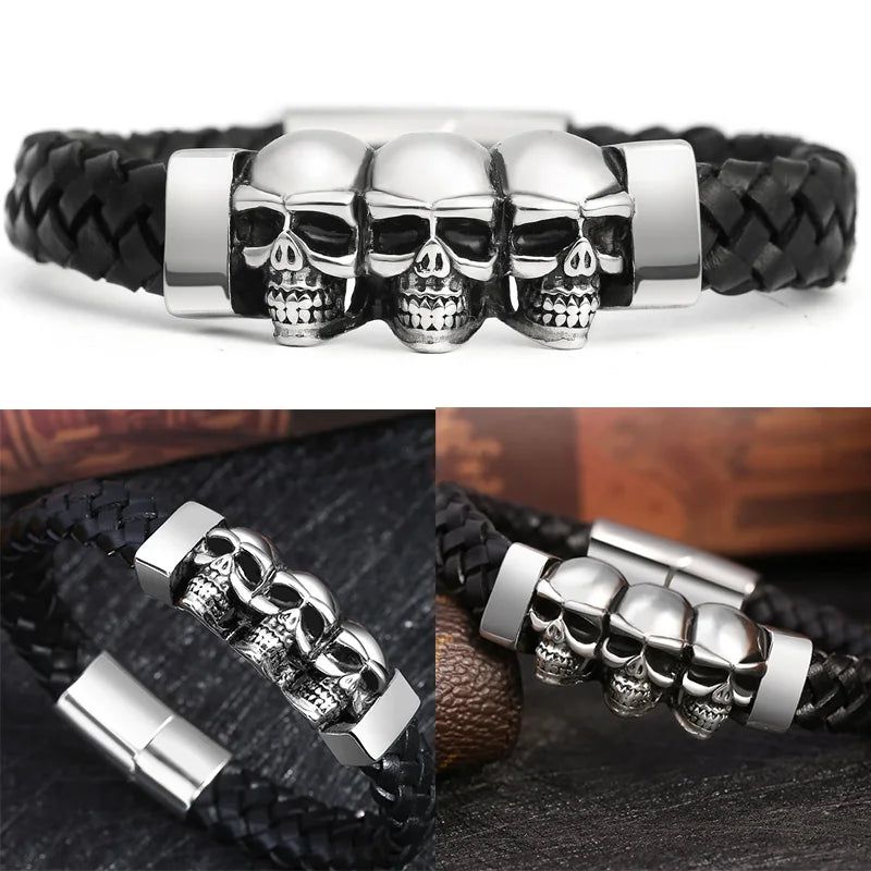 Multi-layer Bracelet Punk Stainless Steel Charm Magnetic Black Men's Leather Bracelets Skull Braided Bangles Jewelry