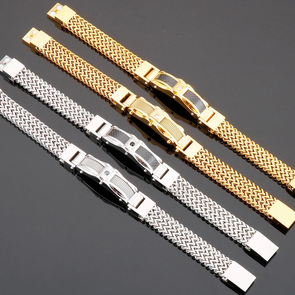 Stainless Steel Bracelet for Men 12MM Width Square Franco Link Chain Men's Bracelets With CZ & Magnet Clasp Gold Color
