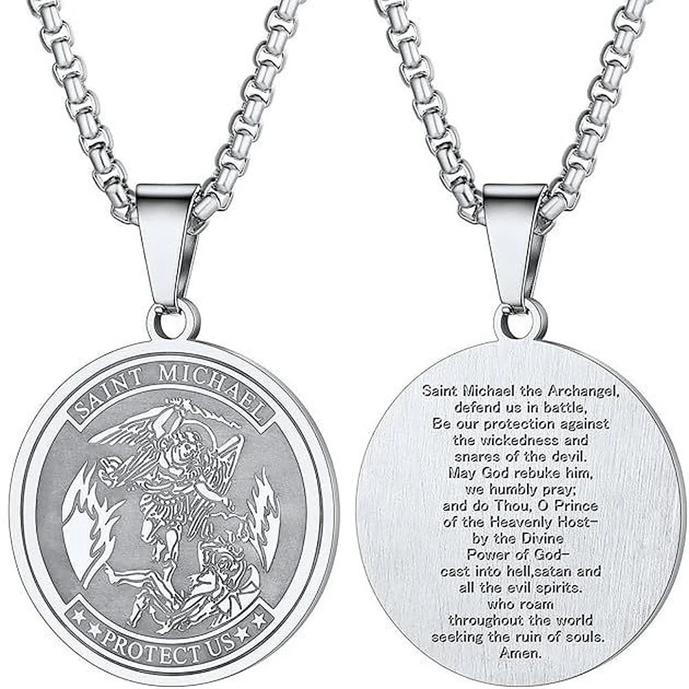 Round Archangel Michael Medal Pendant Necklace Black Color Stainless Steel Box Chain Necklace For Women Catholic