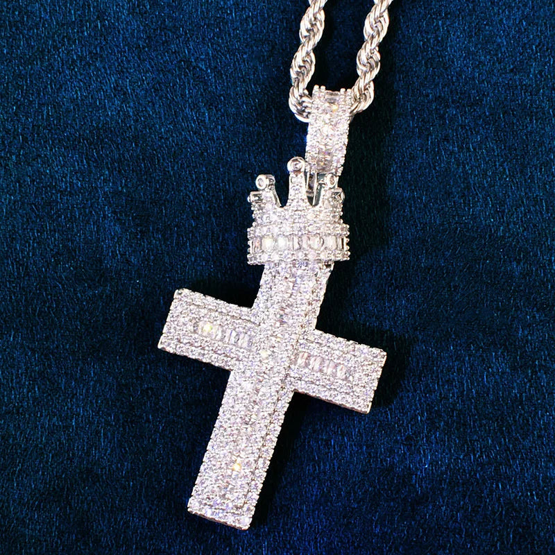 Hip Hop 3A+ CZ Stone Paved Bling Iced Out Crown Cross Charm Pendants Necklace for Men Rapper Jewelry Gold Silver Color
