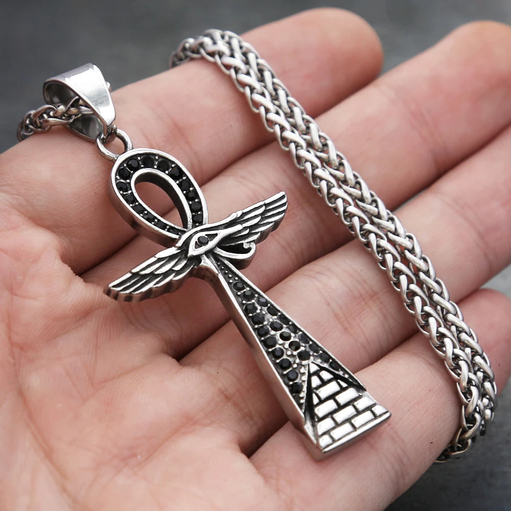 New Fashion Ancient Egyptian Ankh Cross Pendant With Eye of Horus Necklaces For Men Women Stainless Steel Amulet