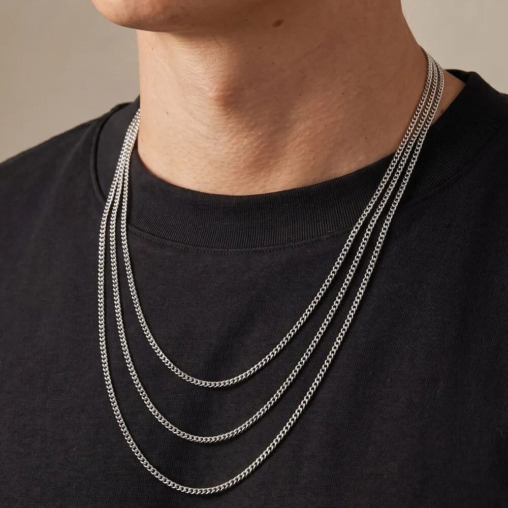 2mm Casual Stainless Steel Cuban Chain Necklace for Men,Hip Hop Punk Silver Color Metal Chain Link Layers Collars Jewelry