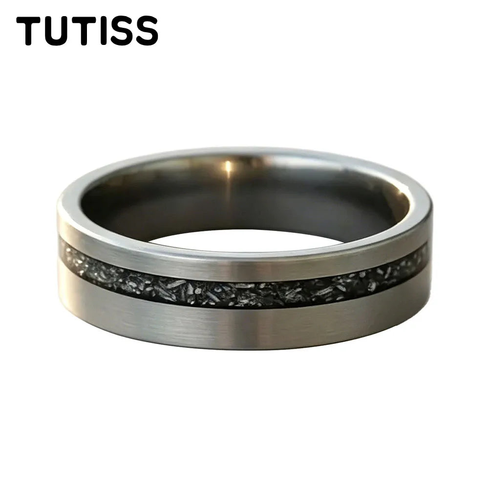 TUTISS 6/8mm Black Meteorite Tungsten Carbide Ring, Offset groove Brushed Finish, Couple Ring, Unique Wedding Band for her（Him）