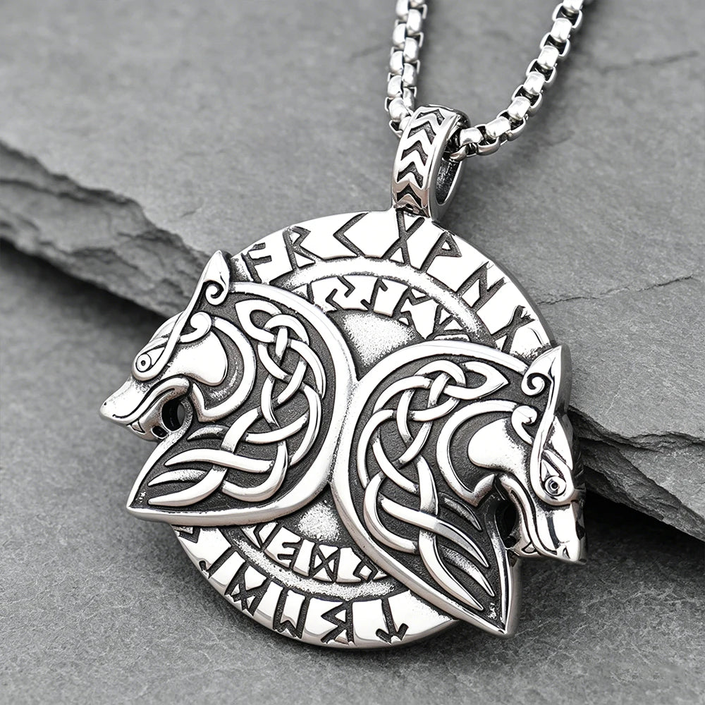 Stainless Steel Viking Fenrir Wolf Pendant Necklace Vintage Nordic Rune Men Jewelry Gift Wholesale Dropshipping