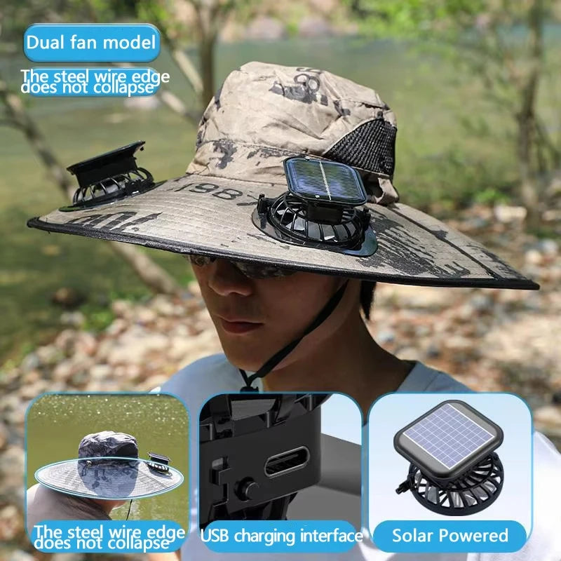 Wide Brim Solar Dual Fan Hat Outdoor Camping Fishing Hat Anti-UV Fan Hat for Men Mountain Climbing Sun Protection