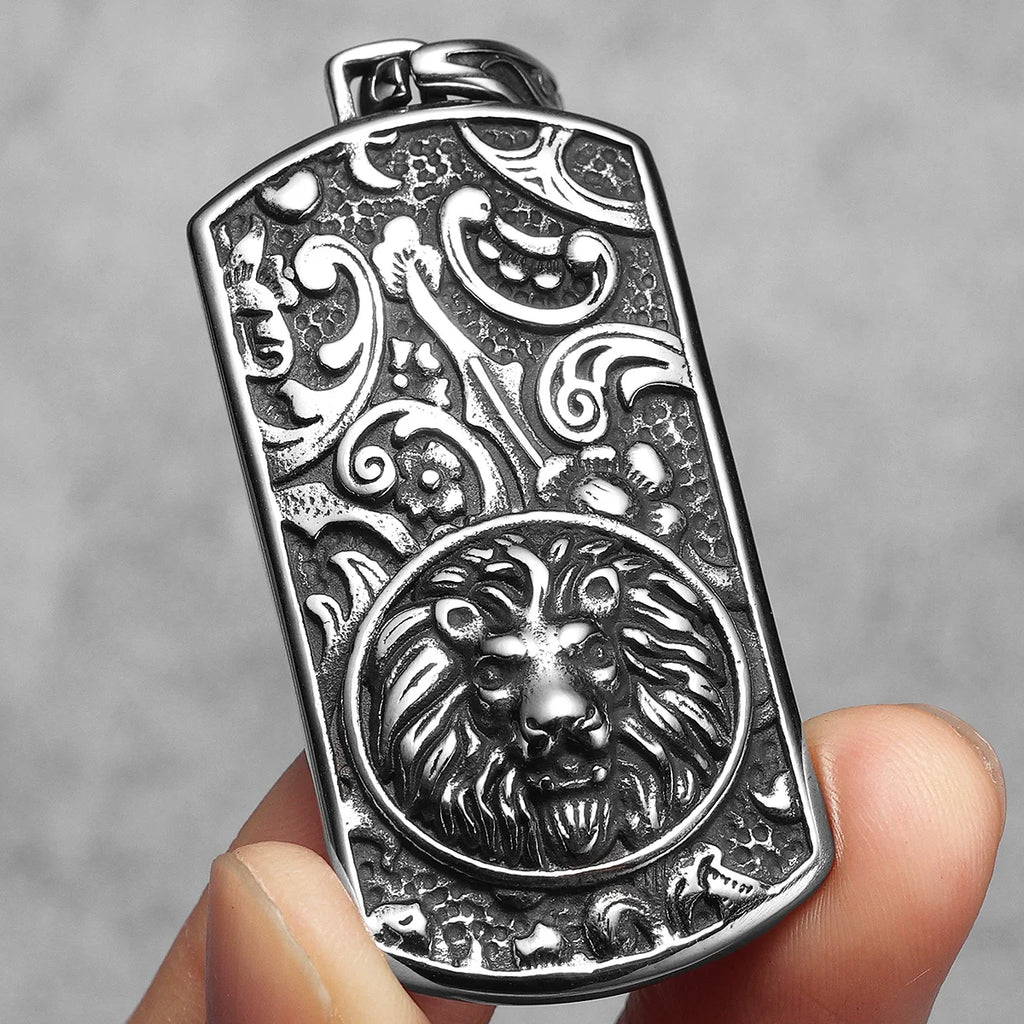 Vintage Lion Head Dog Tag Necklace — Stainless Steel