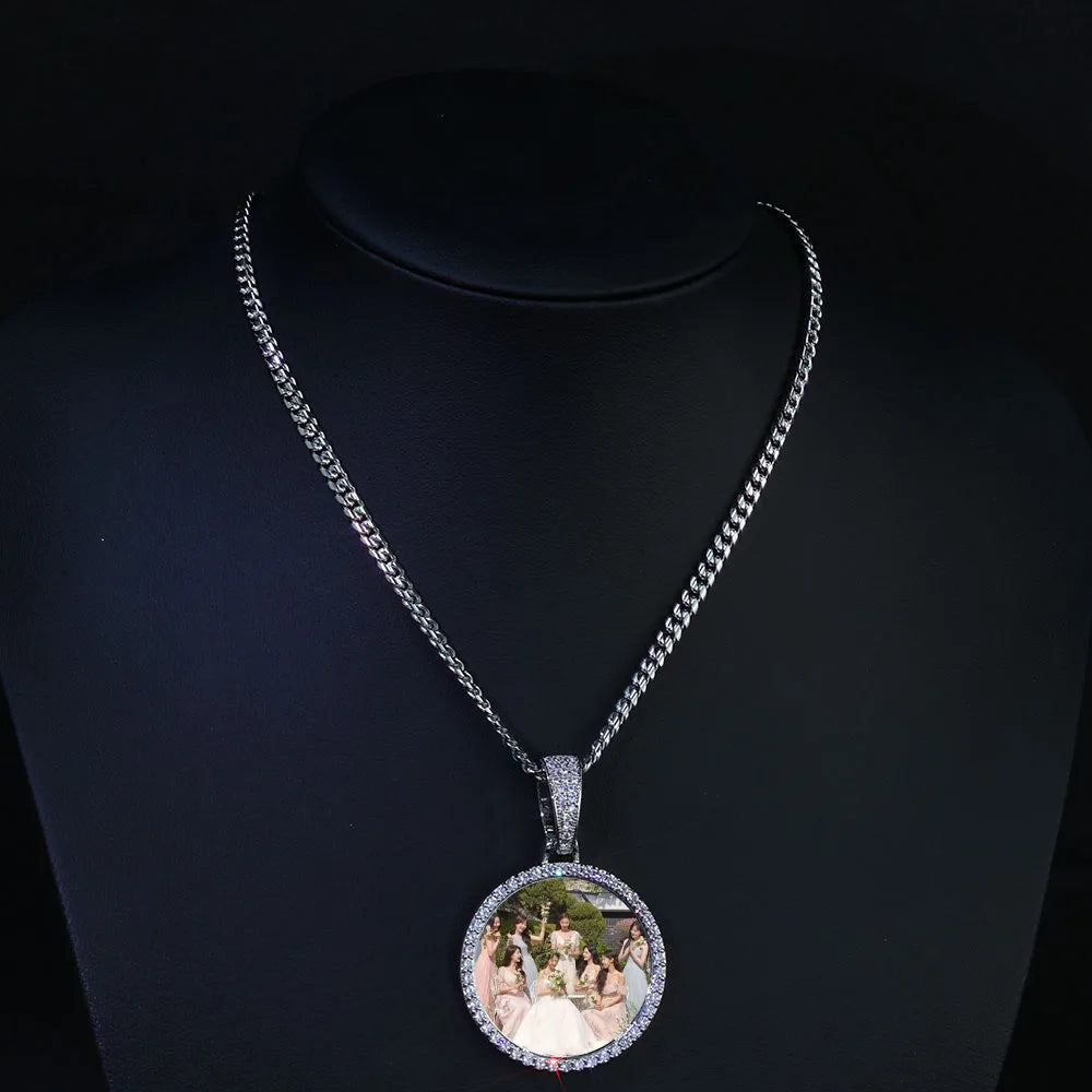 HHIOK Customized Necklaces Circle Chain Picture Personalized Diamond Memory Pendant with Photo Wing Design Gift for Men