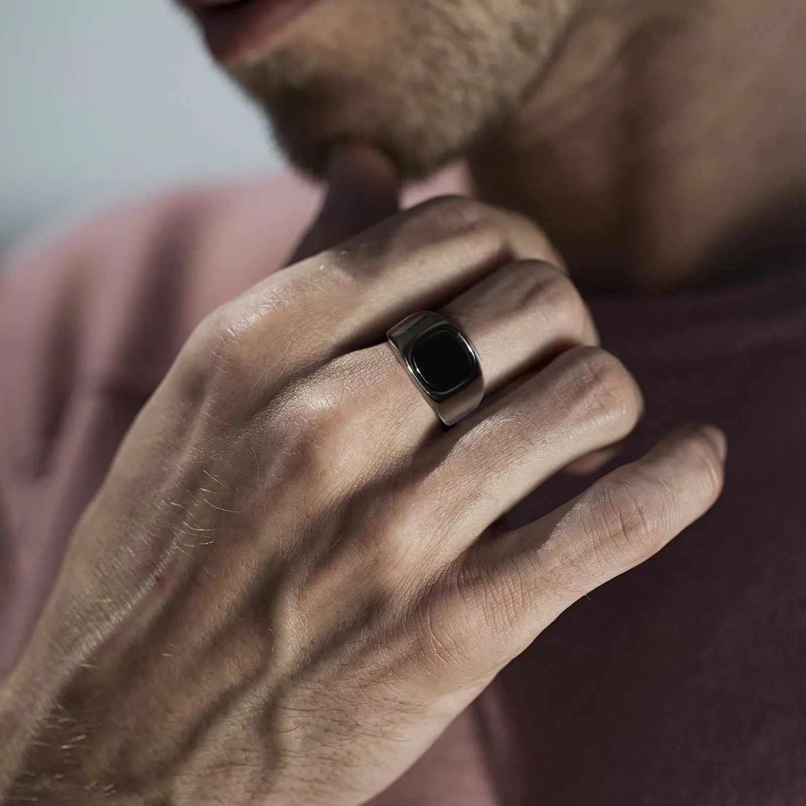 Stylish Black Stone Rings for Men Boys,Waterproof Stainless Steel Geometric Square Ring Signet Ring,Jewelry Gifts for