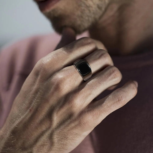 Stylish Black Stone Rings for Men Boys,Waterproof Stainless Steel Geometric Square Ring Signet Ring,Jewelry Gifts for