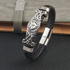 Viking Valknut Leather Braid Bracelet — Stainless Steel
