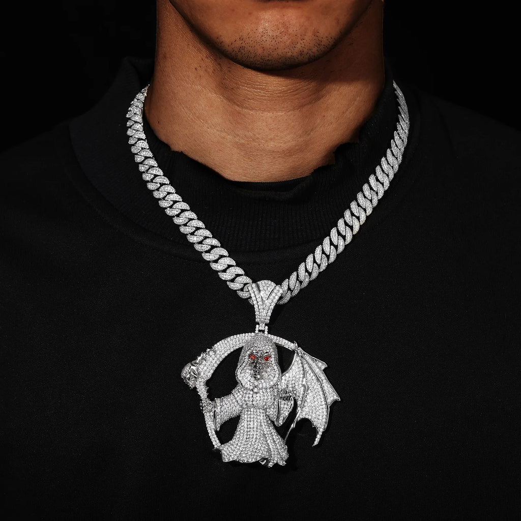 High Street Full Diamond Grim Reaper Pendant Necklace Plated Hip Hop Outfit Trendy Accessory For Men Women