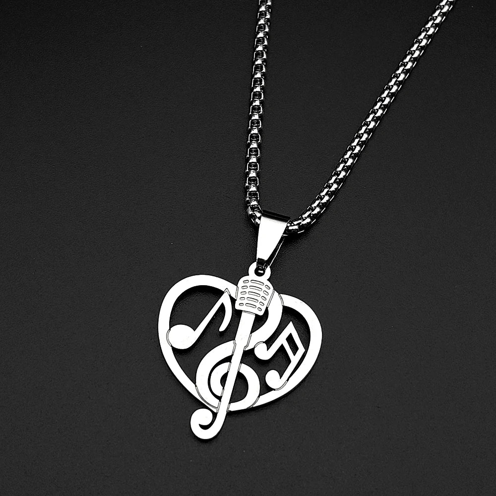 Heart Treble Clef Microphone Pendant Necklace Stainless Steel Gold Color Music Note Jewelry Gift Singer Musician