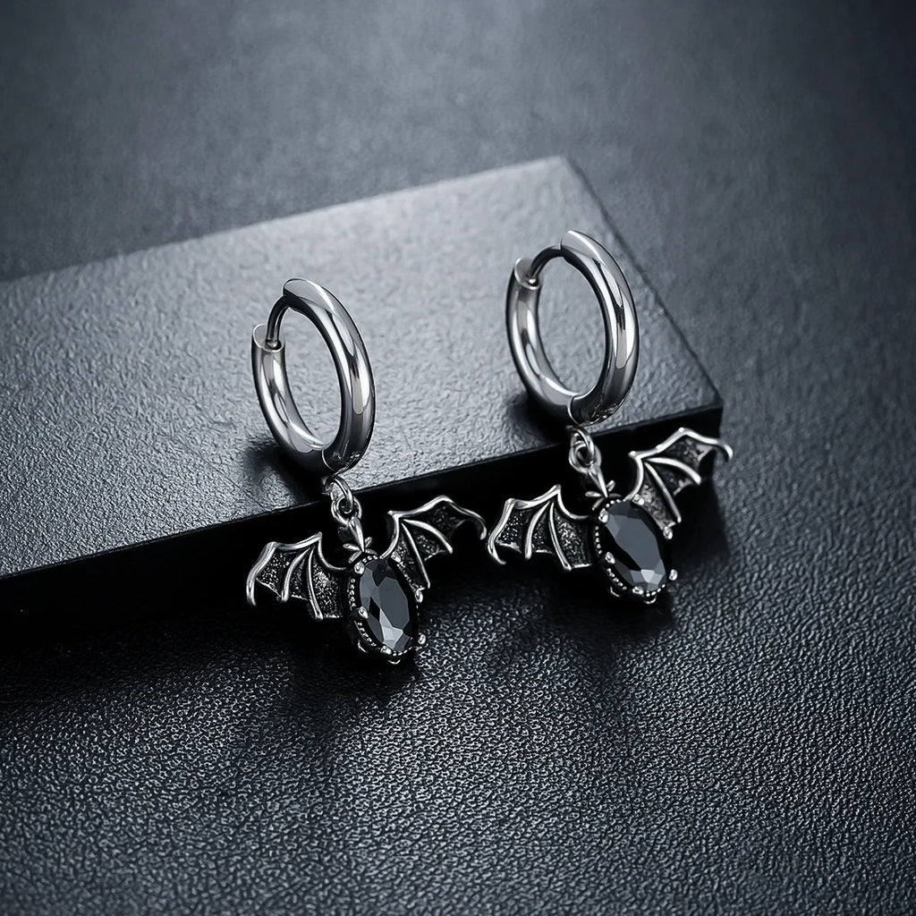 Vintage Gothic Bat Pendant Hoop Earrings for Men Women Black Oval Zircon Dangle Earring Punk Halloween Jewelry
