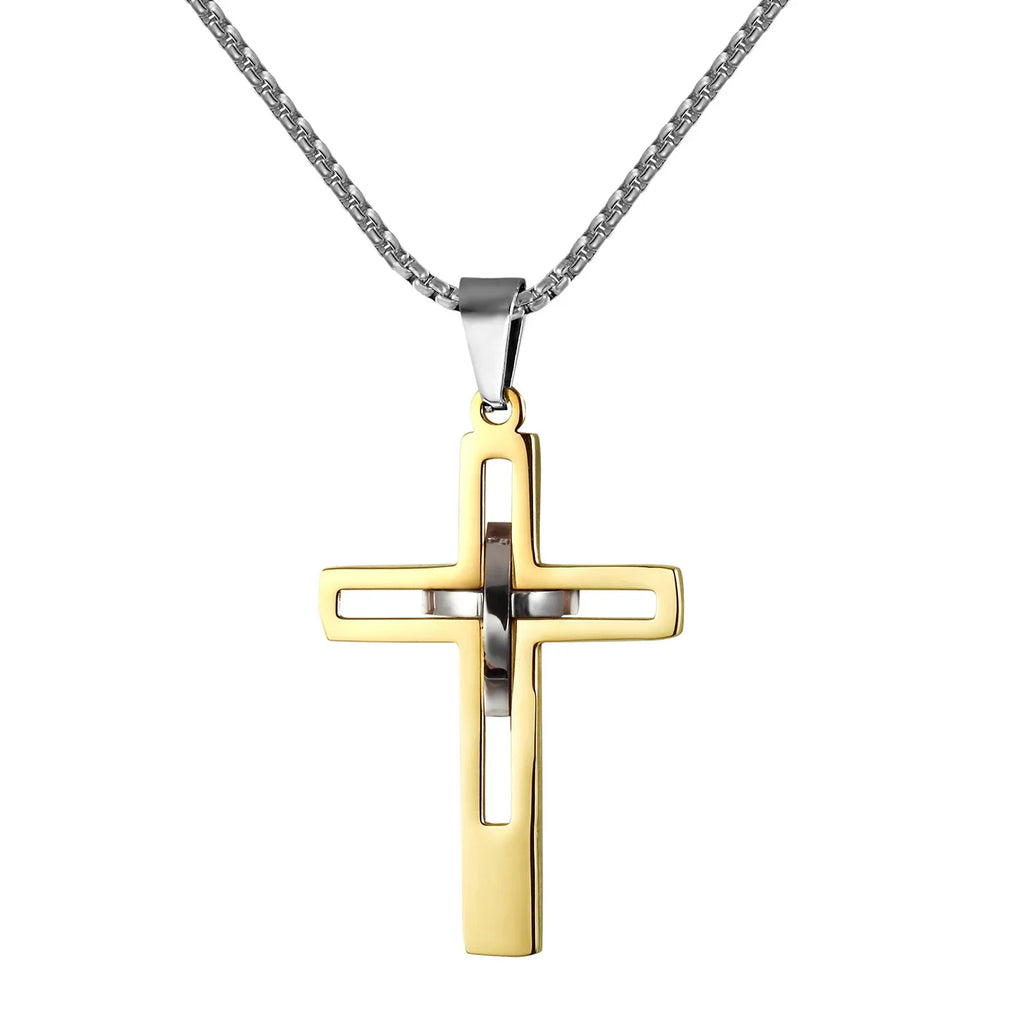 Fashion Double Cross Pendant Jesus Necklace for Men Boy Stainless Steel 24Inch Chain Link Necklaces Male Religious