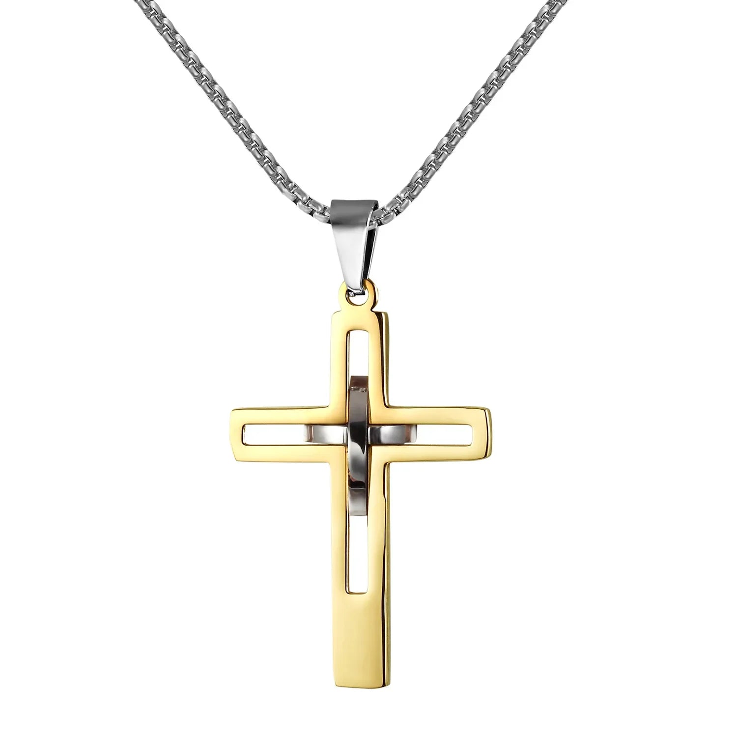 Fashion Double Cross Pendant Jesus Necklace for Men Boy Stainless Steel 24Inch Chain Link Necklaces Male Religious