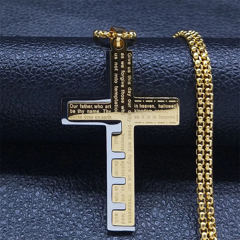 HNSP Stainless Steel Splice Bible Cross Pendant Necklace For Men Religion Christian Jewelry Accessories