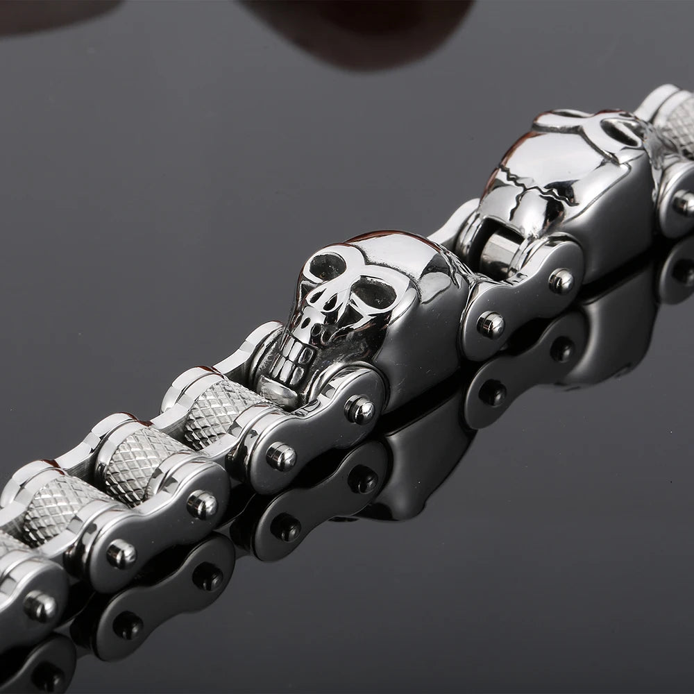 Cool Skull Head Motorcycle Chain Bracelet for Men 316L Stainless Steel Punk Biker Jewelry Gothic Rockers' Wristband