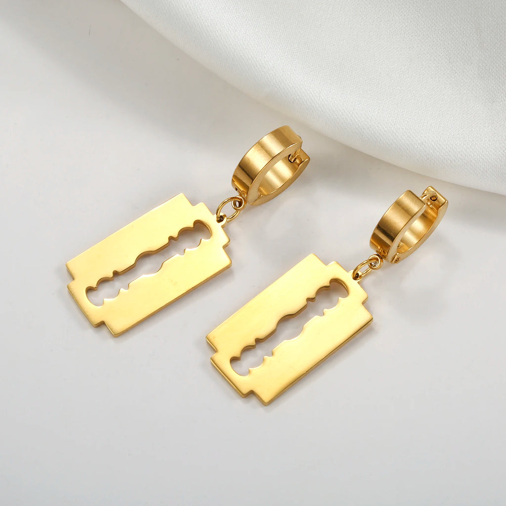 Razor Blade Circle Drop Hoop Earrings — Stainless Steel