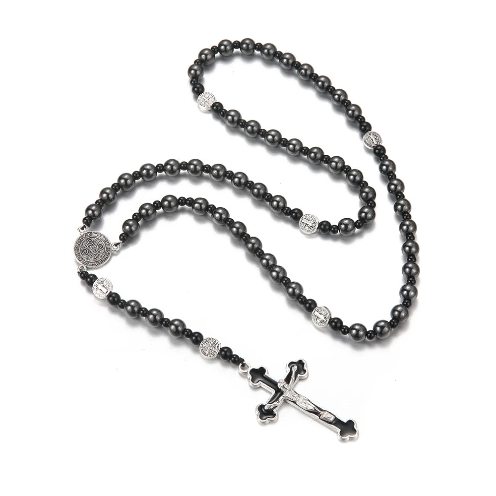 Fashion Classic Black Hematite Round Beads St. Benedict Cross Pendant Necklace for Men and Women