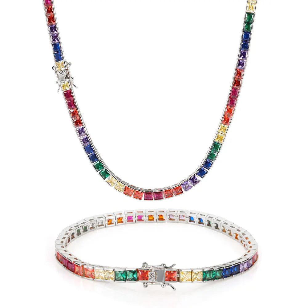 Gold Rainbow Tennis Necklace Iced Out 4MM 18K