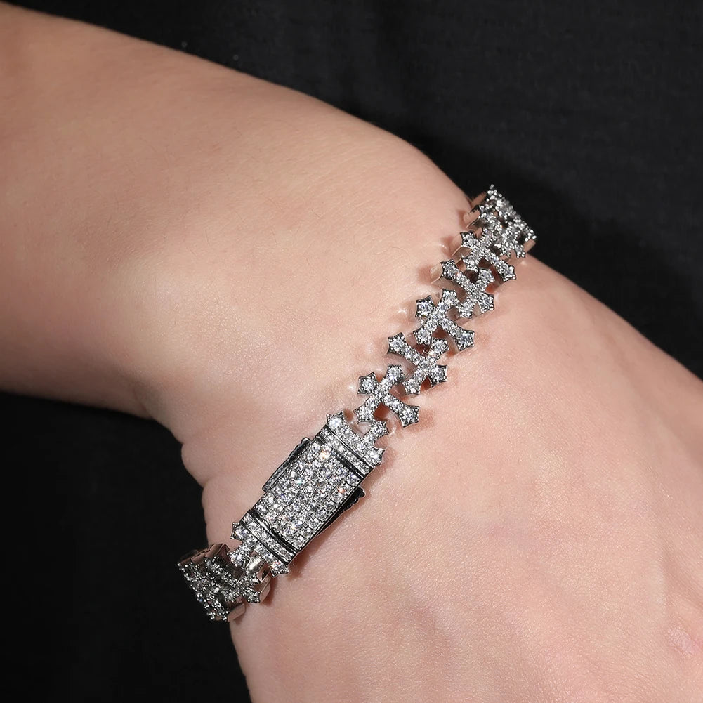 Uwin 11.5mm Cross Link Chain Bracelet For Women Men Iced Out Cubic Zirconia Cross Cuff Bracelet Anklet Hiphop Jewelry