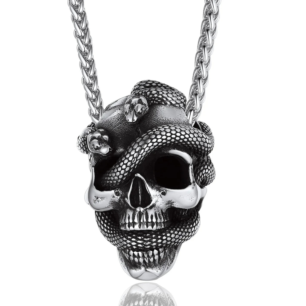 Snake Skull Pendant Necklace — Black Stainless 22"