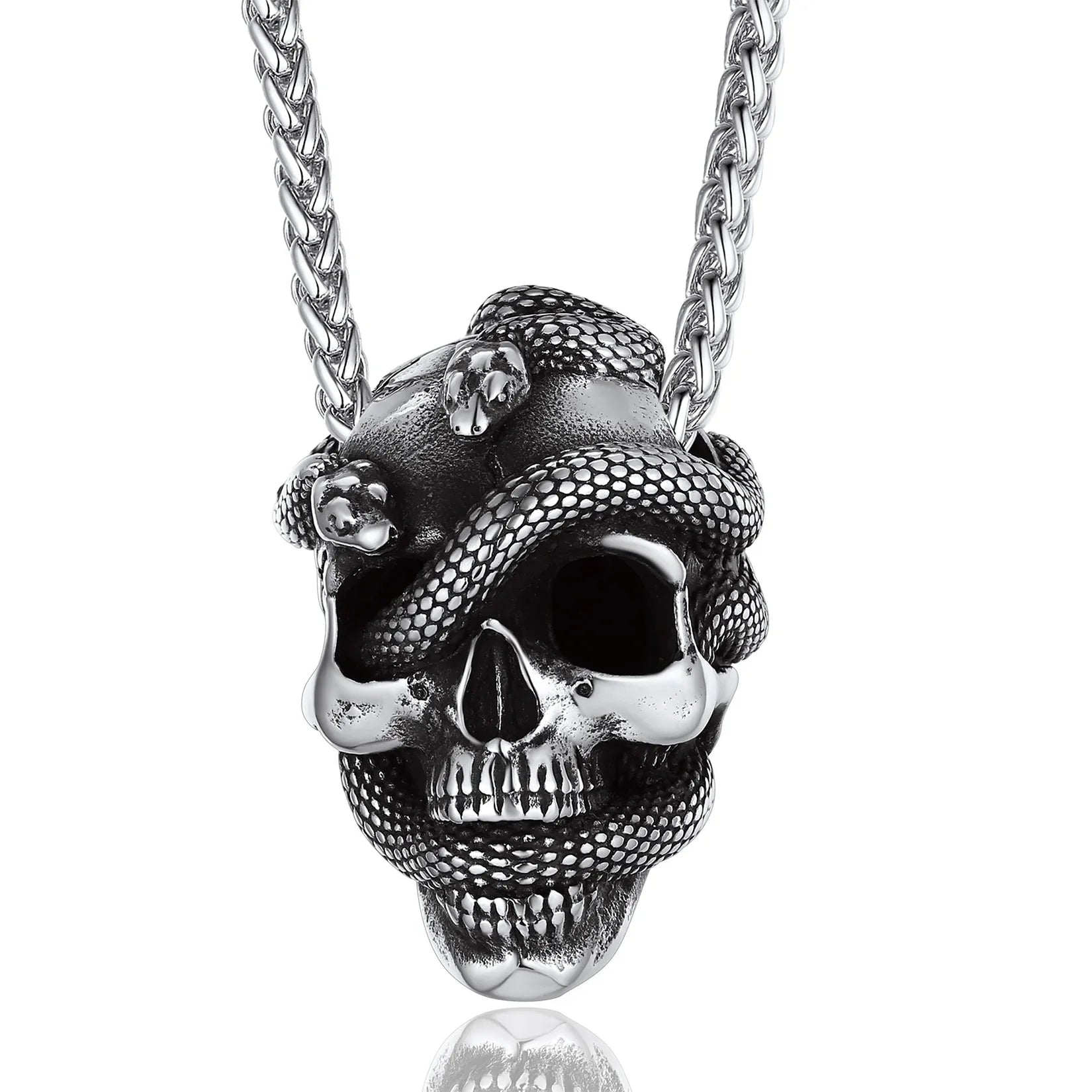 Snake Skull Pendant Necklace — Black Stainless 22"
