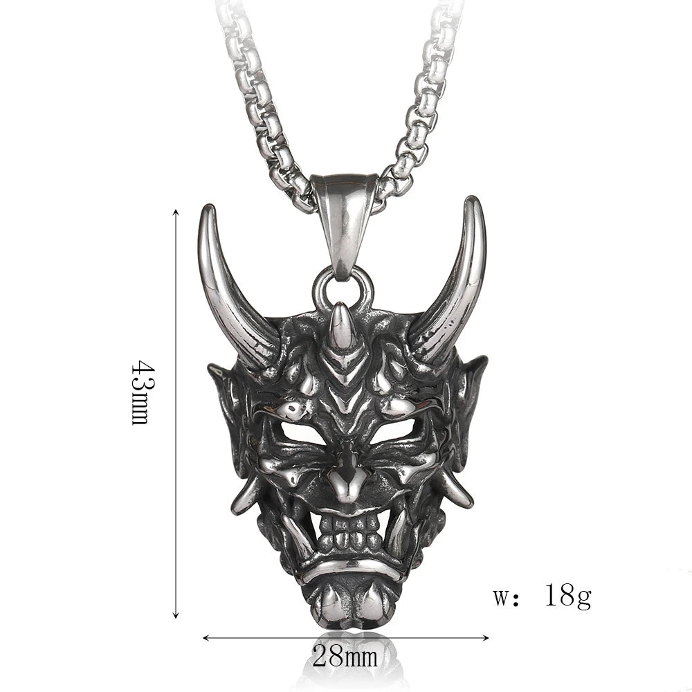 Long Horn Demon Mask Pendant — Stainless Steel