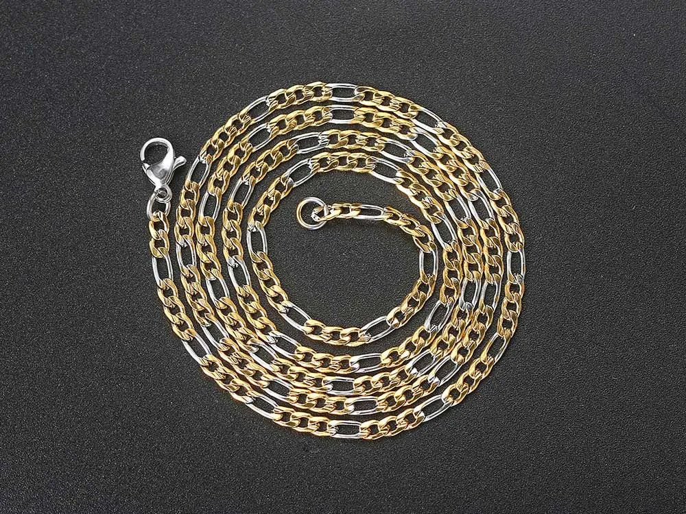 Gold Figaro Cuban Chain Necklace 3MM Stainless Steel