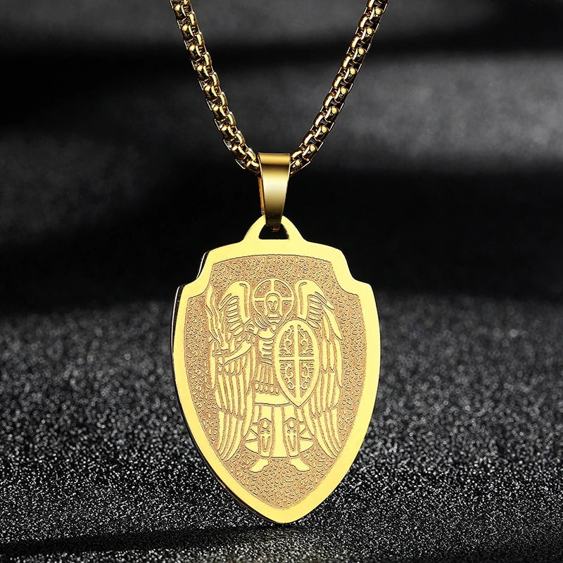 QIMING Dainty Saint George Pendant Necklace For Men Stainless Steel Warrior St. George's Dragon Medallion Mythology