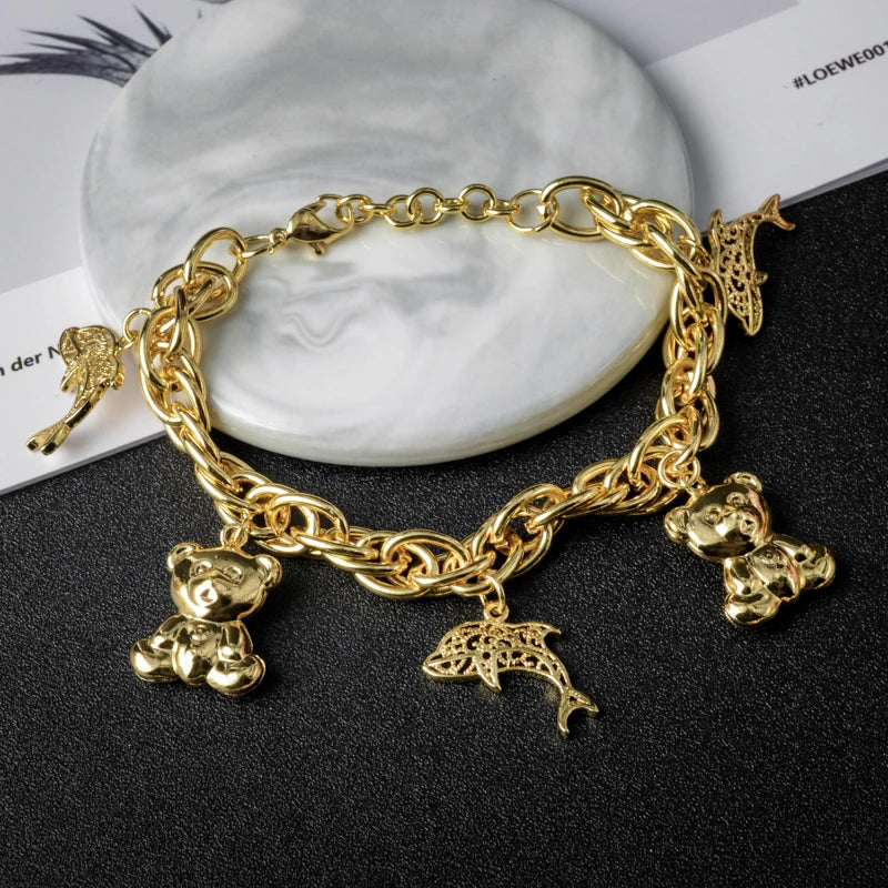 Diana Baby Link Chain Copper Gold Color Bear and Lock Bracelets for Women Wholesale Retail Fashion Jewelry Party
