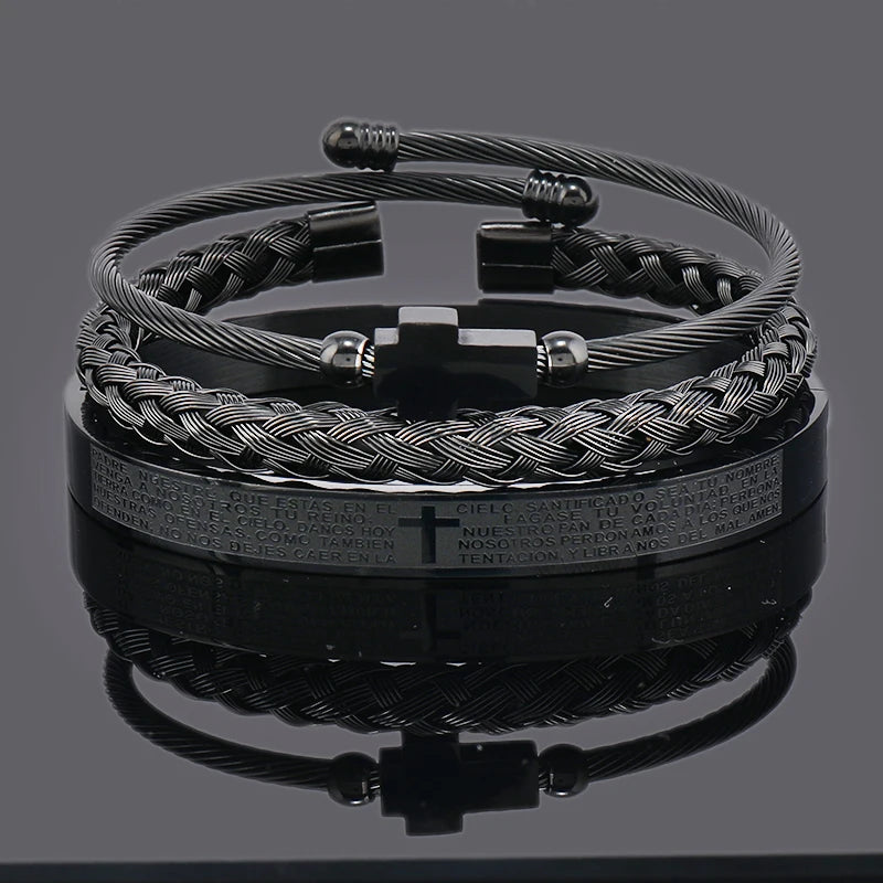 Open Carving Spanish Scripture Cross Bracelet — Stainless Steel
