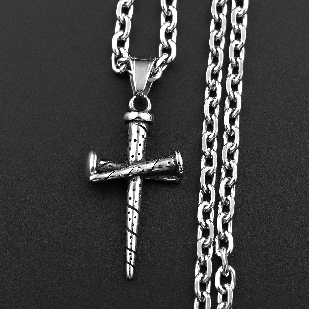 Vintage Nail Spike Cross Pendant Necklace — Stainless Steel