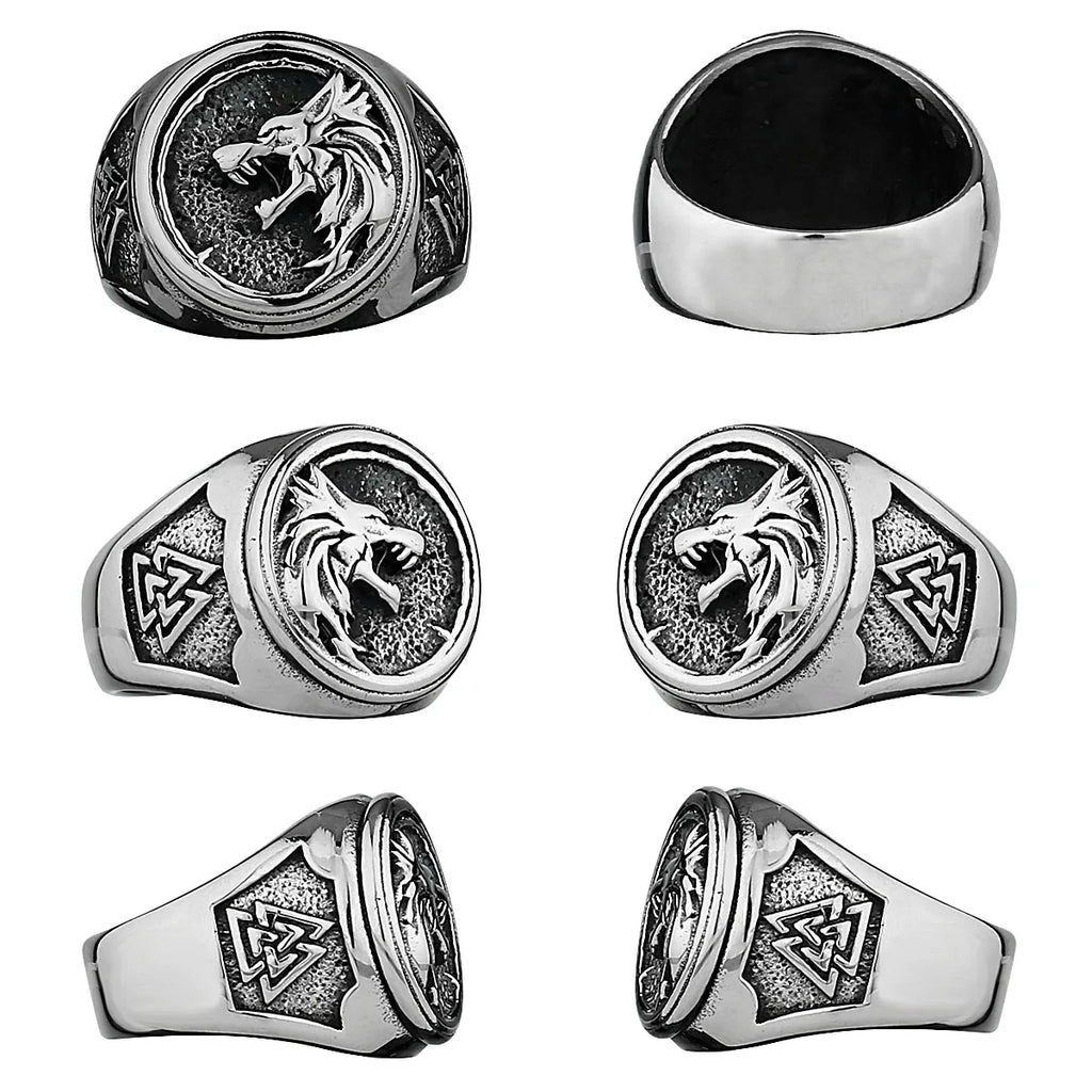 Viking Valknut Rune Wolf Head Ring Men's Fashion Personality Animal Stainless Steel Finger Ring Biker Party Club