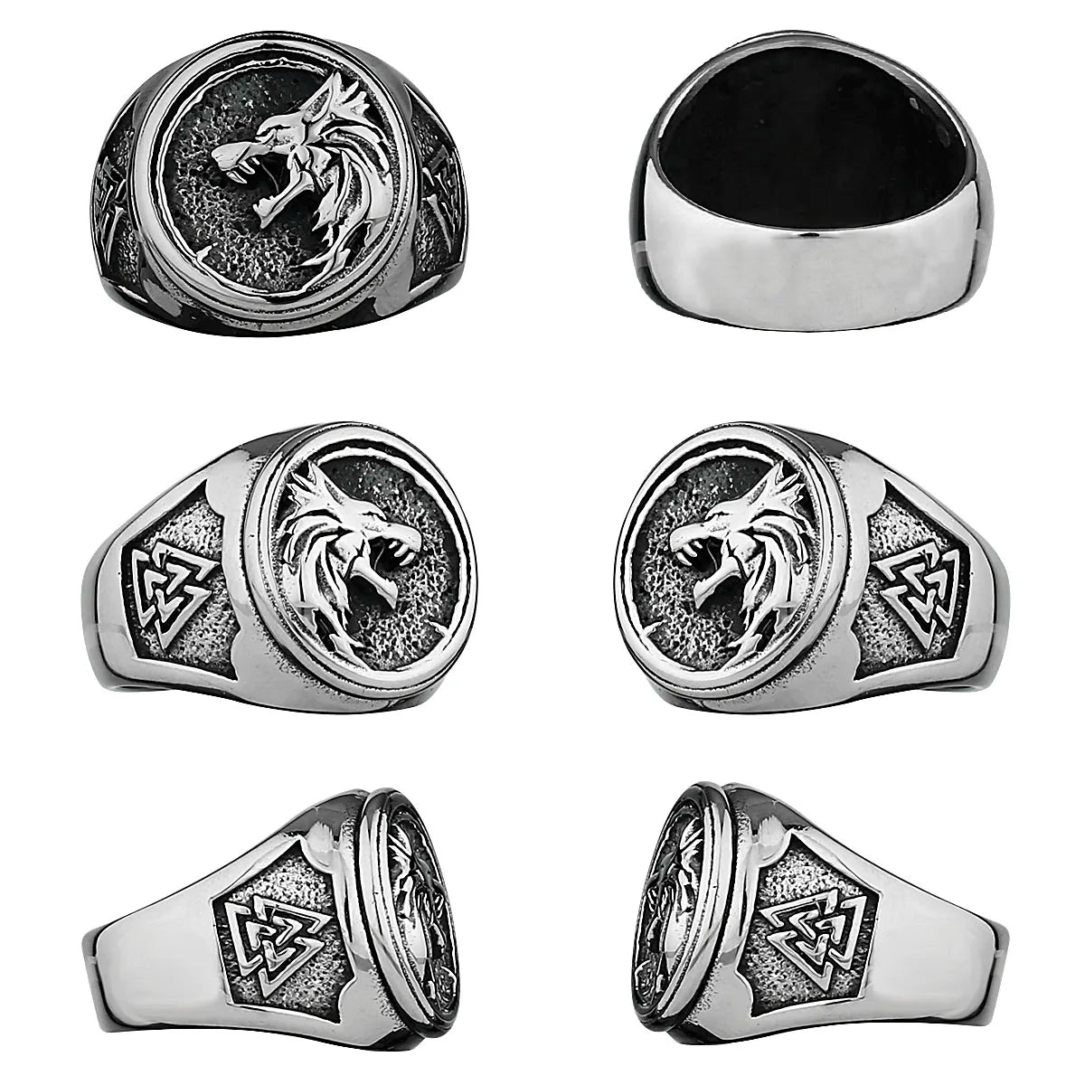 Viking Valknut Rune Wolf Head Ring Men's Fashion Personality Animal Stainless Steel Finger Ring Biker Party Club