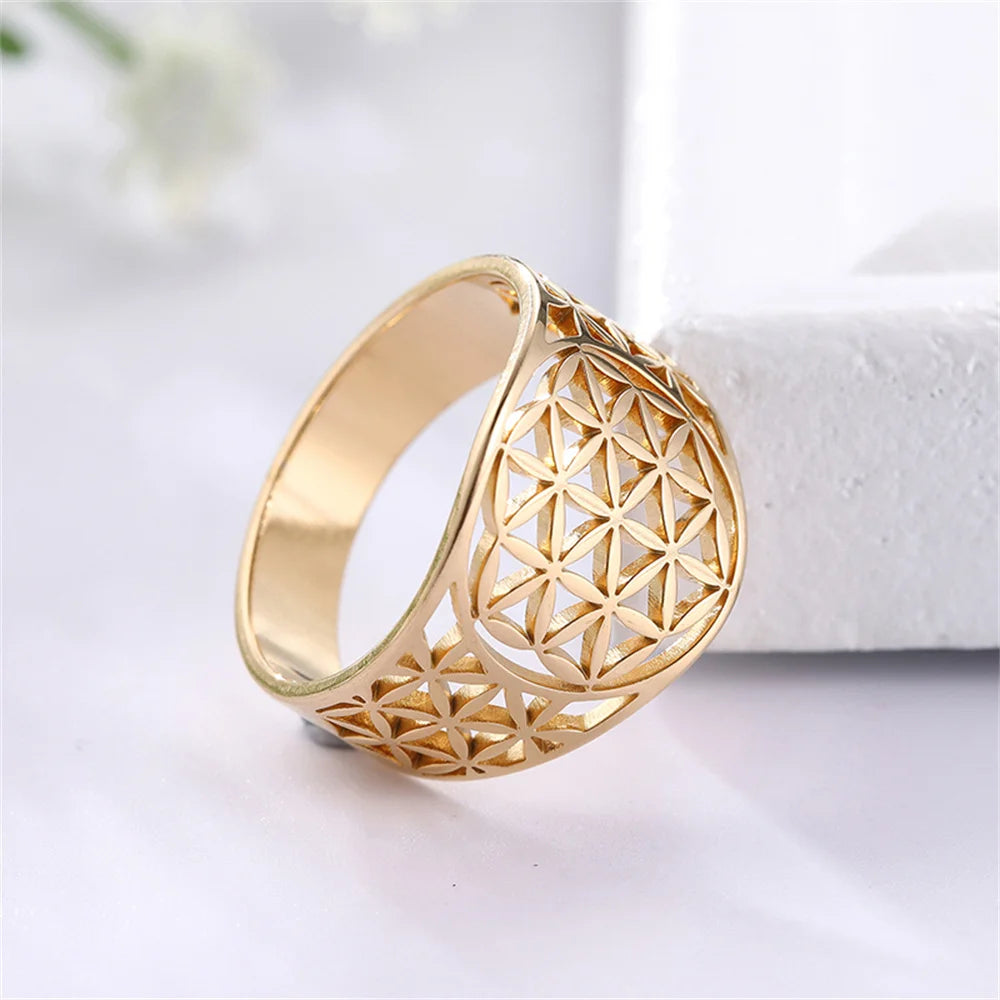 Flower of Life Hollow Geometric Filigree Ring — Stainless Steel