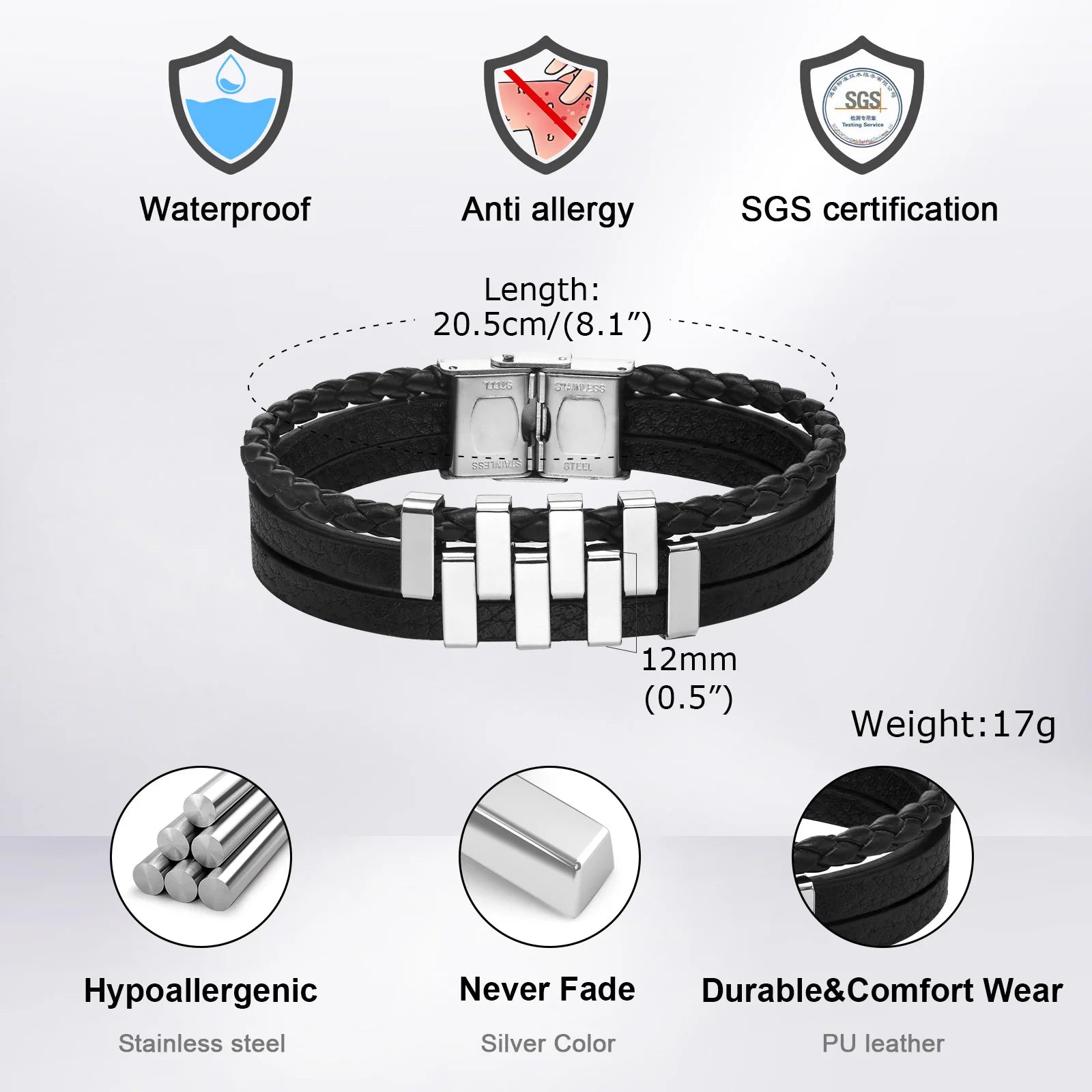 Leather 3-Layer Black Bracelet — Stainless Steel