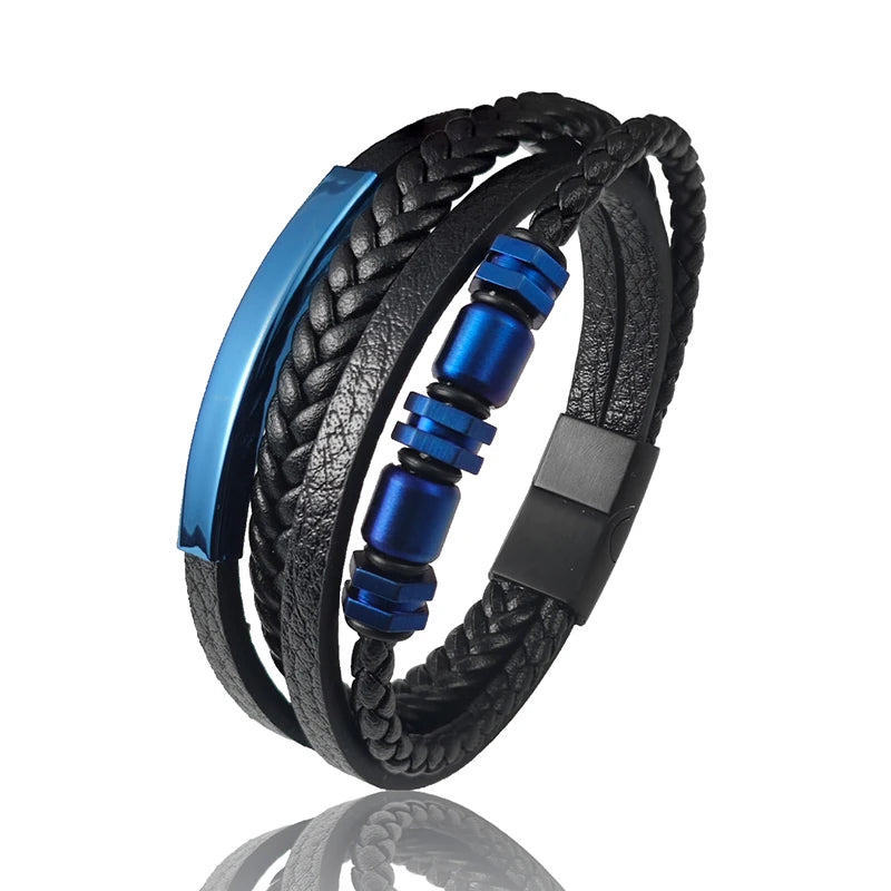 Men's Stainless Steel Luxury Magnetic Buckle Braided Multi-layer Leather Cylinder Hexagonal Bead Bracelet Men's Jewelry