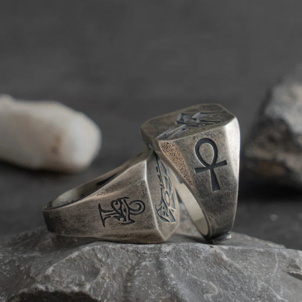 New Vintage Fashion Trend Ancient Egyptian Gods Eye of Horus Death Anubis Graphic Ring Men's Open Adjustable Ring