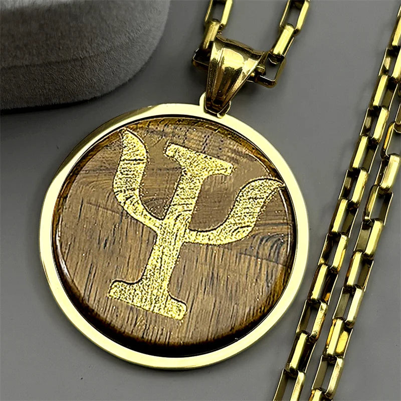 Greek Gold Pendant Letter Psi Symbol Tiger Eye